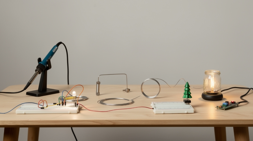 An image showing a desk with electronic crafting components on it.
