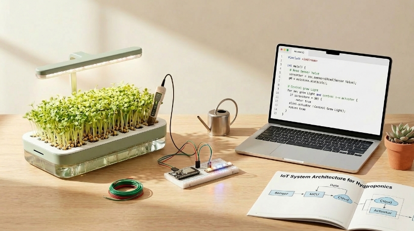 An image showing a desk with a hydroponic system controlled by a microcontroller.