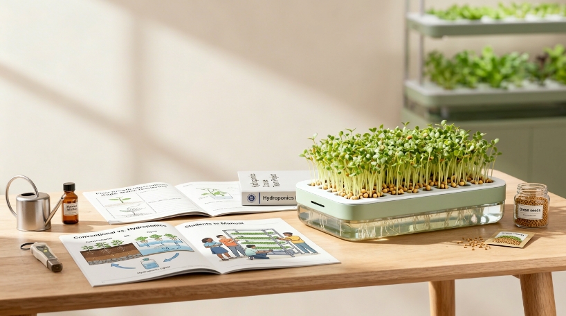 An image showing a desk with a hydroponic system on it. Additionally, learning materials about hydroponics and plant growth are laid out on the table. In the background, there is another hydroponic planting system.