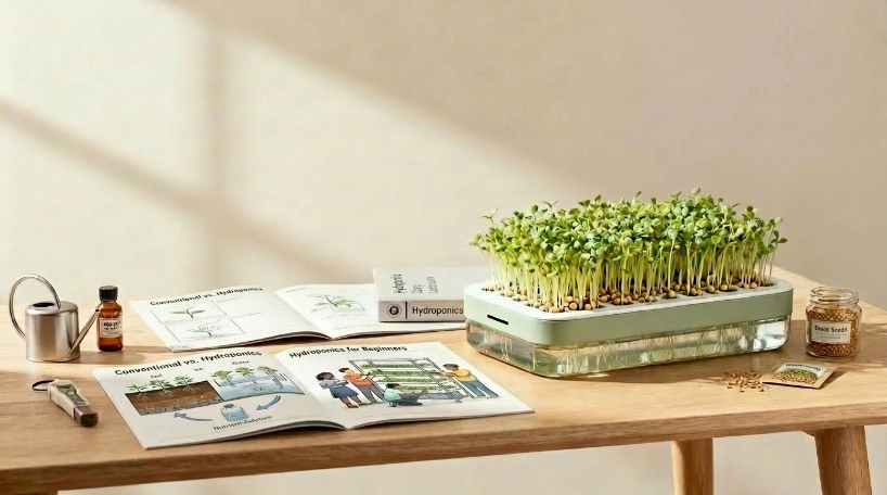 An image showing a desk with a hydroponic system on it. Additionally, learning materials about hydroponics and plant growth are laid out on the table.